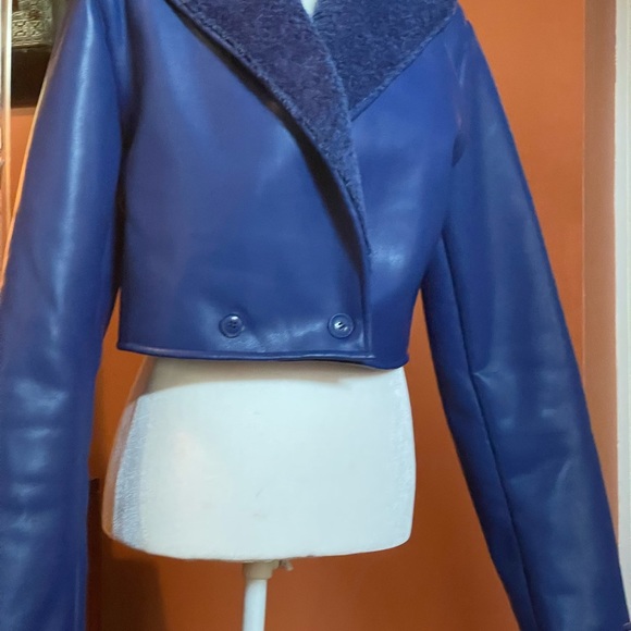 Blue Cropped Faux Leather/ Sherpa Leather Jacker - Picture 11 of 13
